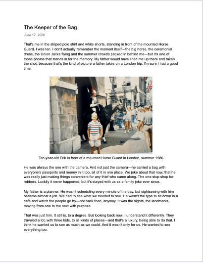 The finished Memory Companion page "The Keeper of the Bag": the same photo, clearer and color-corrected, set into written prose with a caption.