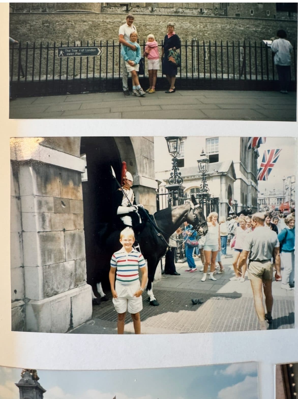 The original photo: a boy in a striped polo shirt standing in front of a mounted Horse Guard in London, summer 1986.