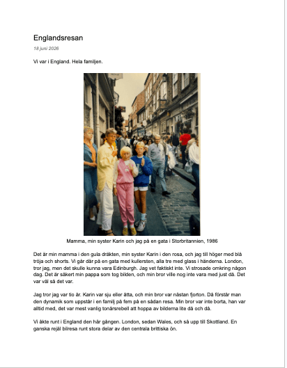 Den färdiga sidan "Englandsresan": samma foto, tydligare och färgrättat, infogat i texten med en bildtext.